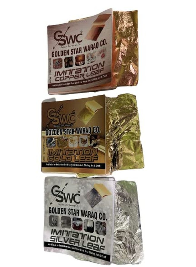 GSWC 300Pc Metallic Gold Silver Copper Foils Clarity Foils Sheets Gliding Foils Imitation Foils For Diye,Fram,Art & Craft,Furniture Decoration Etc (Gold+Silver+Copper 100 Each) 8X8 Cm - Image 1